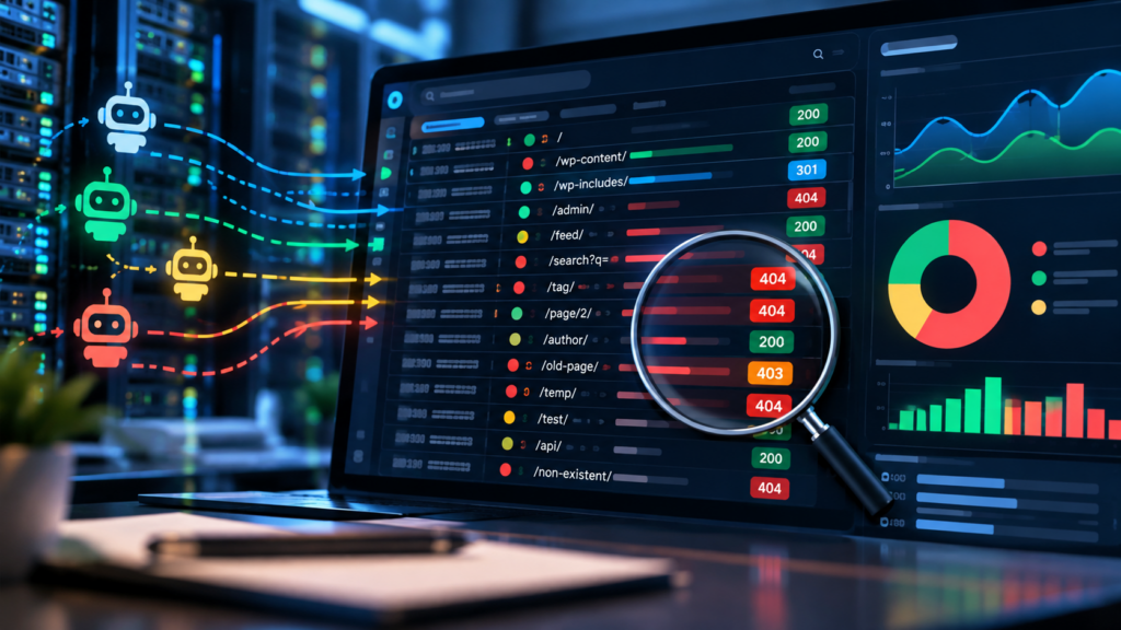 SEO log file analysis dashboard showing crawler response codes and crawl activity