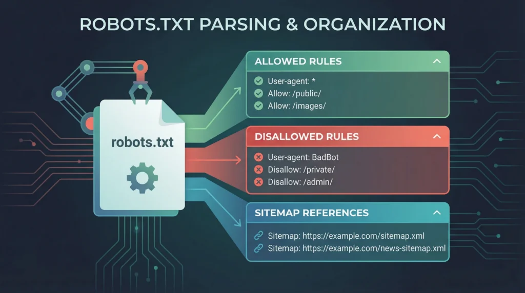 Robots.txt crawl rules diagram showing allowed and disallowed crawler paths and sitemap references